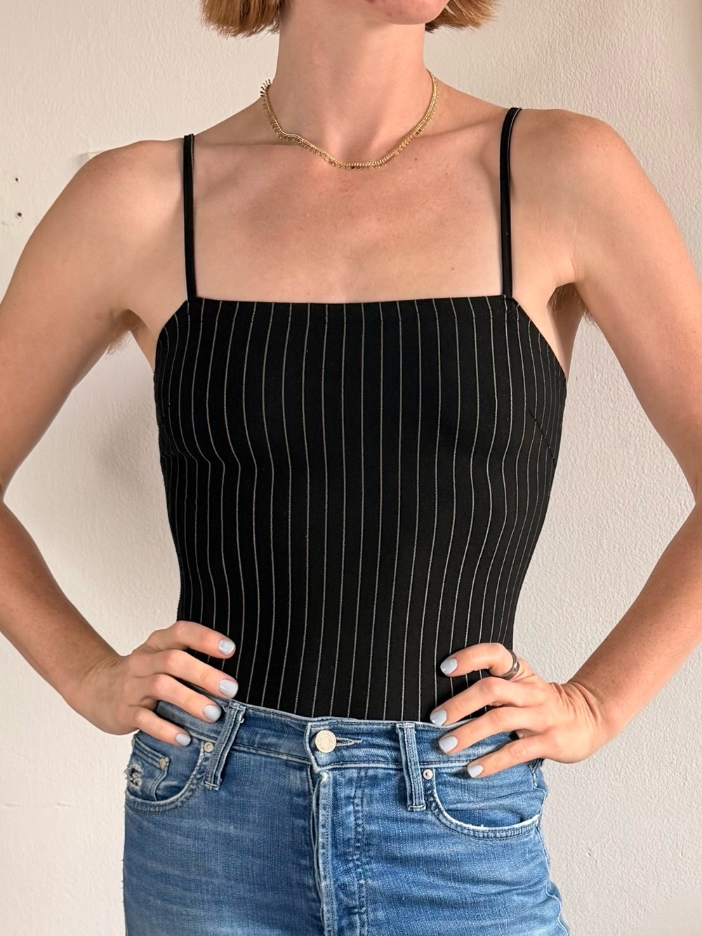 Black Pinstripe Square-Neck Bodysuit with Thin Straps